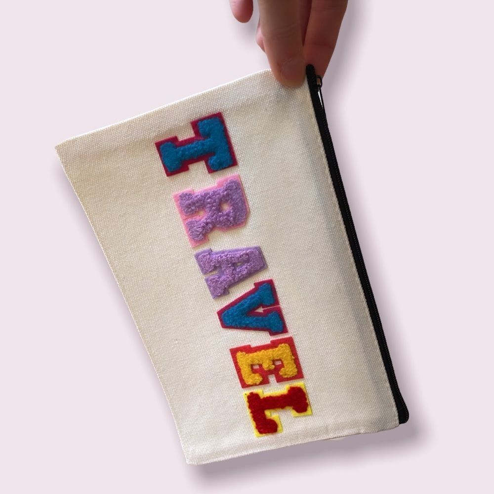 NWT Wool + Pepper Co. TRAVEL Varsity Letters Patches Cosmetic Bag